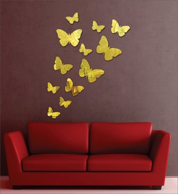 AtulyaArts 45 cm Butterflies Golden (Pack of 12) (6 small & 6 of varient size) 3D Mirror 3D Wall Acrylic Wall sticker, 3D Acrylic stickers for wall, 3D Acrylic Mirror stickers for living room, bedroom, kids room, 3D Acrylic mural for home & offices décor Self Adhesive Sticker(Pack of 12)