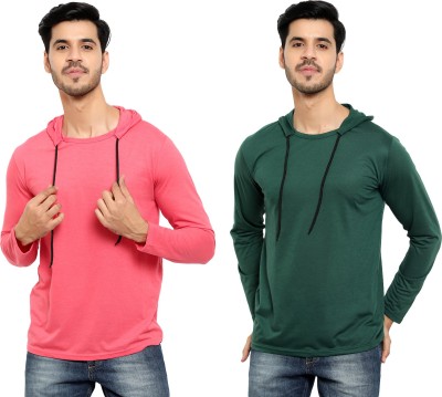 Bribzy Solid Men Hooded Neck Dark Green, Pink T-Shirt