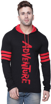 SLOWLORIS Printed Men Hooded Neck Black T-Shirt
