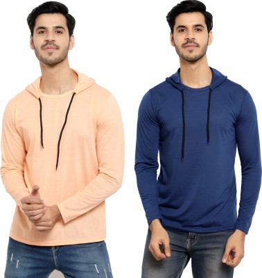 Bribzy Solid Men Hooded Neck Light Blue, Beige T-Shirt