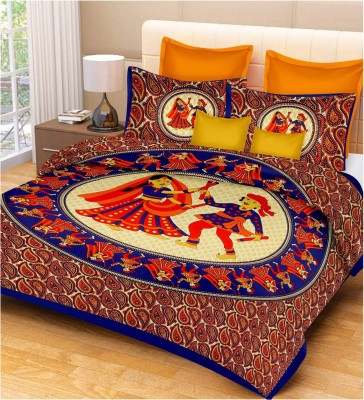 RajasthaniKart 104 TC Cotton Double Printed Flat Bedsheet(Pack of 1, Blue)