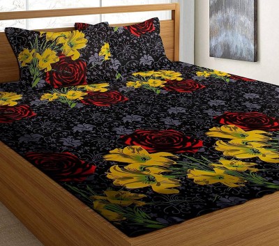 Exopick 144 TC Microfiber Double Floral Flat Bedsheet(Pack of 1, Black, Red, Yellow)