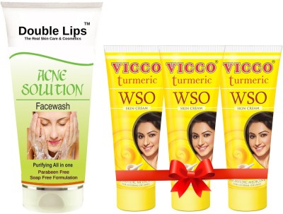 VICCO Wso Turmeric Cream(60+30 gm) (90 g) + Acne Solution Face Care Face Wash (100ML)(4 Items in the set)