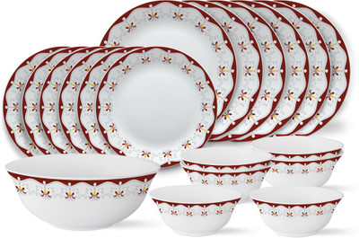 Larah by Borosil Pack of 19 Opalware Royal Brown Dinner Set(White, Microwave Safe)