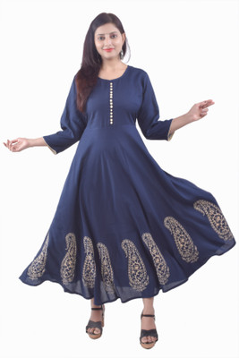 Y&O Women Printed Flared Kurta(Dark Blue, Gold)