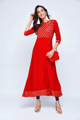 Stylum Women Checkered A-line Kurta(Red, Gold)