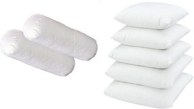 Swikon star Combo Set Of 5 Cushion And 2 Microfibre Solid Bolster Pack of 7(White)