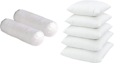 Swikon star Combo Set Of 2 Bolster And 5 Microfibre Solid Cushion Pack of 7(White)