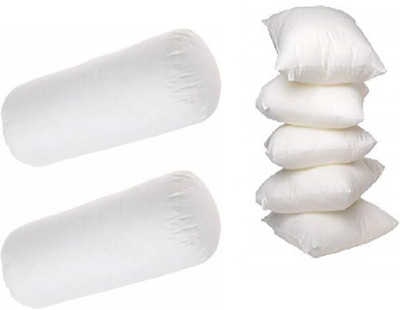 GKM Combo Set Of 5 Cushion And 2 Microfibre Solid Bolster Pack of 7(White)