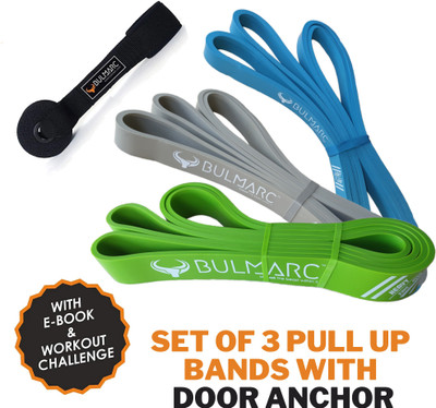 Bulmarc Resistance Pull Up Band Light,Medium,Heavy 7-37 kgs + door anchor Resistance Tube(Teal Blue, Grey, Lime Green)