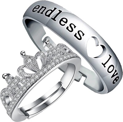 mahi Endless Love and Crown' Proposal Adjustable Couple Ring Alloy Crystal Rhodium Plated Ring Set