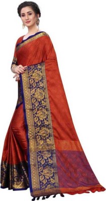 Kunj Creation Woven Kanjivaram Jacquard, Pure Silk Saree(Orange)