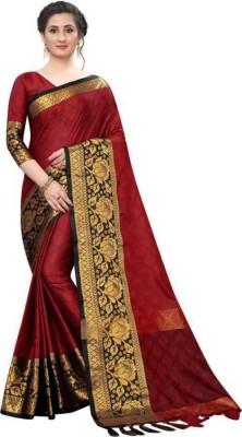 LOREZA Printed Banarasi Cotton Silk Saree(Red)