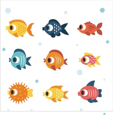 sky decal 70 cm Nine Combo of colourful fishes multicolour wall sticker for kids room ( pvc vinyl covering area 70cm X 70cm ) Reusable Sticker(Pack of 1)
