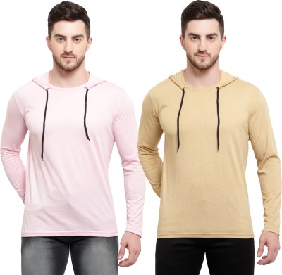 Adorbs Solid Men Hooded Neck Pink, Beige T-Shirt