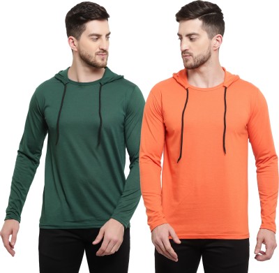 Adorbs Solid Men Hooded Neck Dark Green, Orange T-Shirt