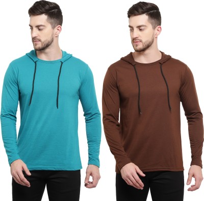 Adorbs Solid Men Hooded Neck Light Blue, Brown T-Shirt