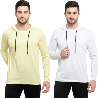 Adorbs Solid Men Hooded Neck White, Yellow T-Shirt