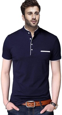 GAGCOBIA Solid Men Mandarin Collar Dark Blue T-Shirt