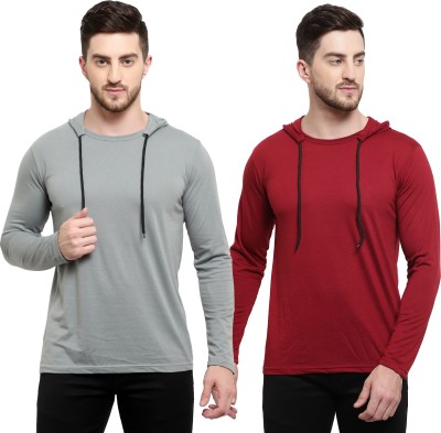 Adorbs Solid Men Hooded Neck Maroon, Grey T-Shirt