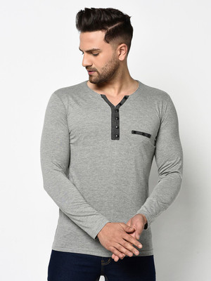 GLITO Solid Men V Neck Grey T-Shirt
