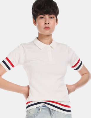 U.S. POLO ASSN. Striped Women Polo Neck White T-Shirt