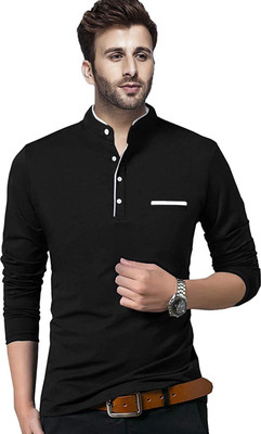 Adorbs Solid Men Mandarin Collar Black T-Shirt