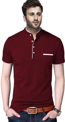 Adorbs Solid Men Mandarin Collar Maroon T-Shirt