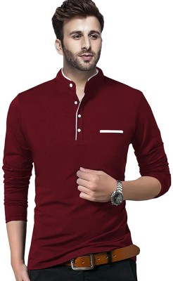 GAGCOBIA Solid Men Mandarin Collar Maroon T-Shirt