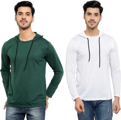 Bribzy Solid Men Hooded Neck White, Green T-Shirt