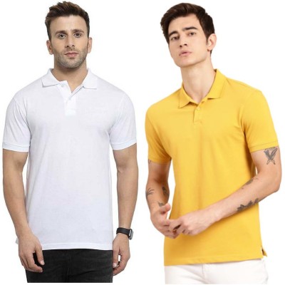 Pnikss Solid Men Polo Neck White, Yellow T-Shirt