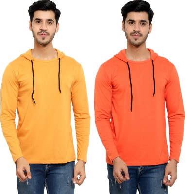 Bribzy Solid Men Hooded Neck Orange, Yellow T-Shirt