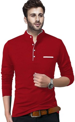 Bribzy Solid Men Mandarin Collar Red T-Shirt