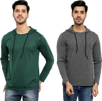 Bribzy Solid Men Hooded Neck Dark Green, Grey T-Shirt