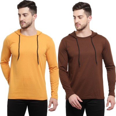 Adorbs Solid Men Hooded Neck Brown, Yellow T-Shirt