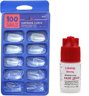 LikeUp New Transparent 100pcs Multi size Artificial Nail Fake acrylic Nail Tips Best False Nails with 5ml Strong Nail Glue Transparent(Pack of 100)