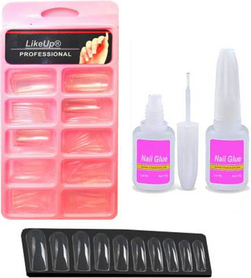 LikeUp Transparent silicon made Artificial Professional Reusable Nails Set with Brush Glue/Nail Extensions for Hand Finger Nails Transparent(Pack of 100)