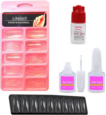 LikeUp Imported Best Quality Artificial Transparent Finger Empress Curve 100 Tips Fake Nails with Glue white Transparent(Pack of 100)