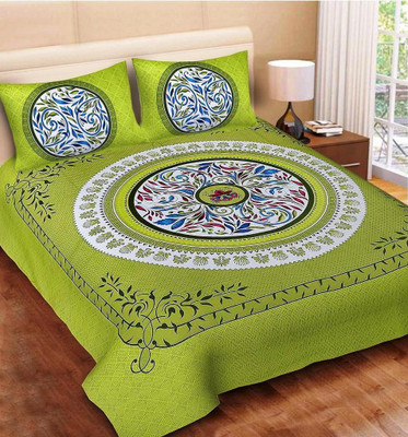 tpcreations Cotton Queen Flat 165 TC Printed Bedsheet(Pack of 1, Green)