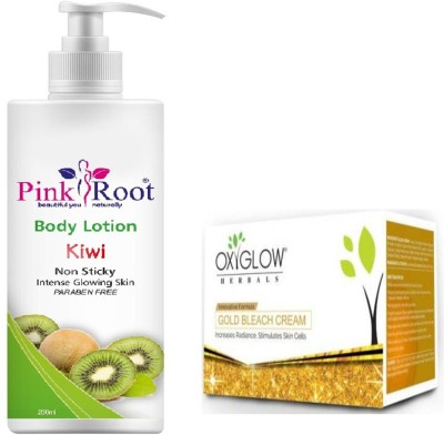 PINKROOT Kiwi Body Lotion 200ml with Oxyglow Gold Bleach Cream 50gm(2 Items in the set)