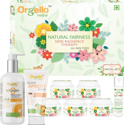 orgello Herbal Facial Kit combo - Herbal Facial Kit (5 x 50 g + 10 g Serum) for Glowing Skin + Vitamin C Body Lotion Moisturizer for Face & Body with Vitamin B3 and Mineral Sunscreen (1 x 300 ml) + Apricot Scrub for Face (1 x 100 g) - for men women girls boys normal oily dry skin sls paraben mineral