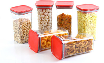 Machak Plastic Grocery Container  - 1100 ml(Pack of 6, Red, Clear)