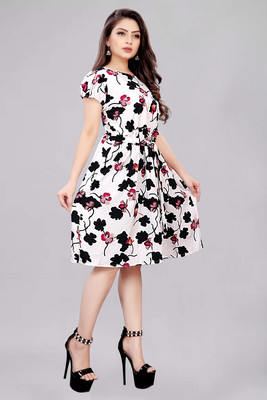 Hiral Creation Women Fit and Flare White Knee Length Dress