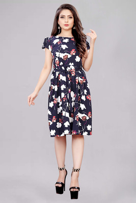 tanvi creation Women A-line Dark Blue, White, Purple, Red Knee Length Dress