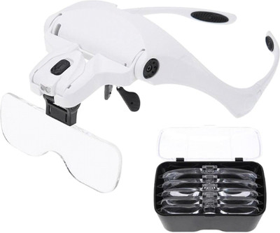 uptodatetools Adjustable Magnifier 5 Lens Loupe LED Light Headband Magnifier Glass LED Magnifying Glasses with Lamp 1X, 1.5 X, 2X, 2.5X, 3.5X, 5X Adjustable(White)