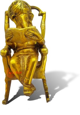 NATHAM Metal Lord Ganesha Reading Ramayana Statue Hindu God Ganesh Ganpati Sitting on Chair Decorative Showpiece Decorative Showpiece  -  14 cm(Brass, Gold)