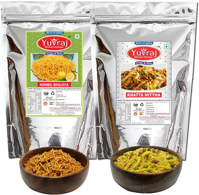 Yuvraj Food Product Nimbu Bhujiya & khatta meetha mixture pack of 2 (350 gm x 2 )(2 x 350 g)