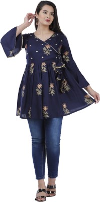 Aarti Fashion Casual 3/4 Sleeve Printed Women Blue Top