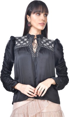 Zadley Casual 3/4 Sleeve Embroidered Women Black Top