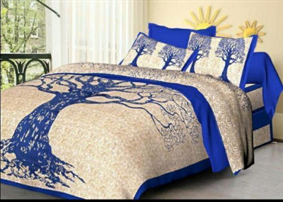 avtar Cotton Queen, King Flat 144 TC Printed Bedsheet(Pack of 1, Beige,blue)